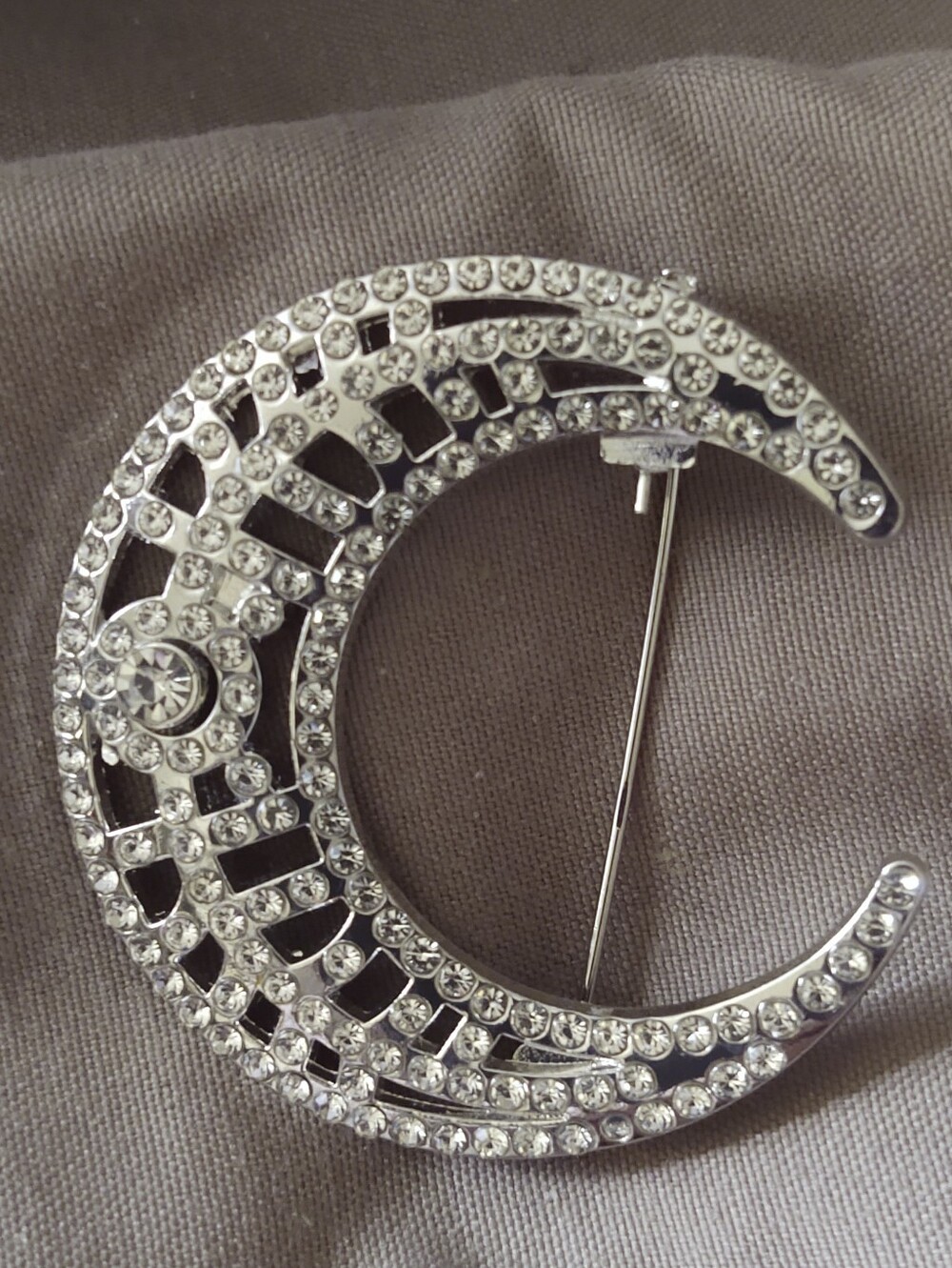 Crescent Moon Rhinestone Brooch - Picture 2 of 4